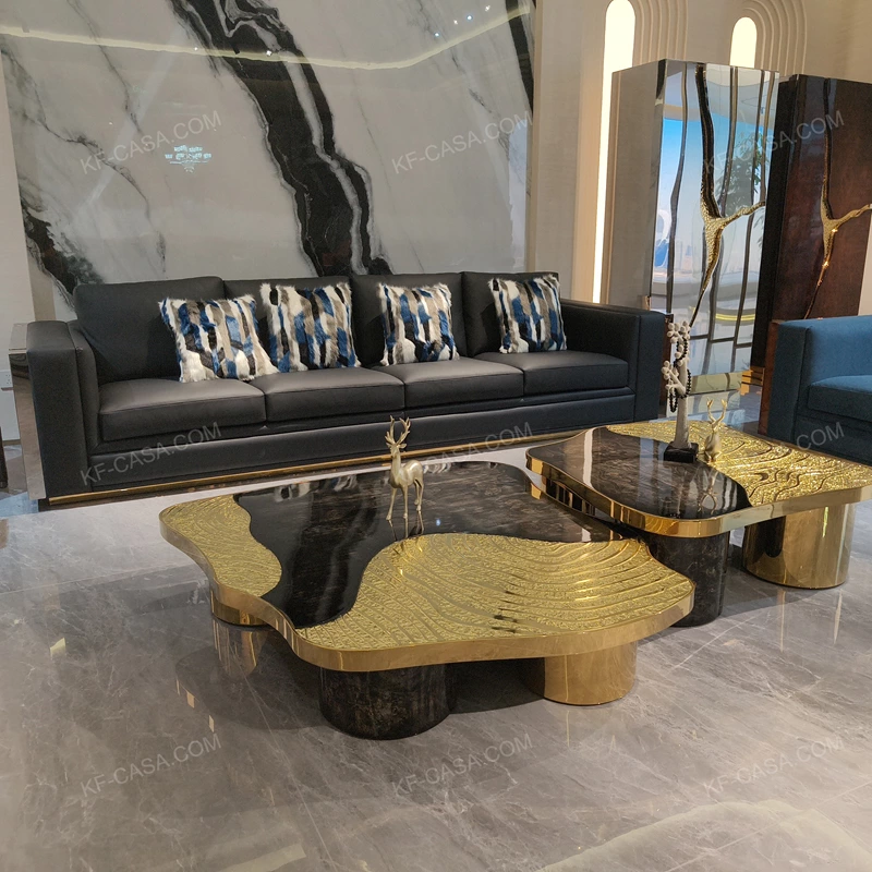 Artistic Coffee Table Set with Textured Gold Inlay and Statement Black Marble Finish